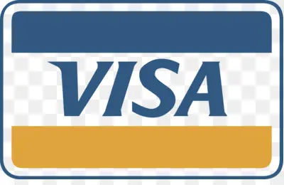 Visa logo with blue text on a white background, flanked by a blue stripe on top and a gold stripe below.